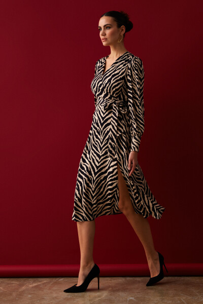 Zebra Print Sash Satin Dress - Black - 9