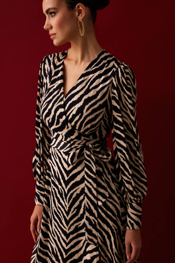 Zebra Print Sash Satin Dress - Black - 10