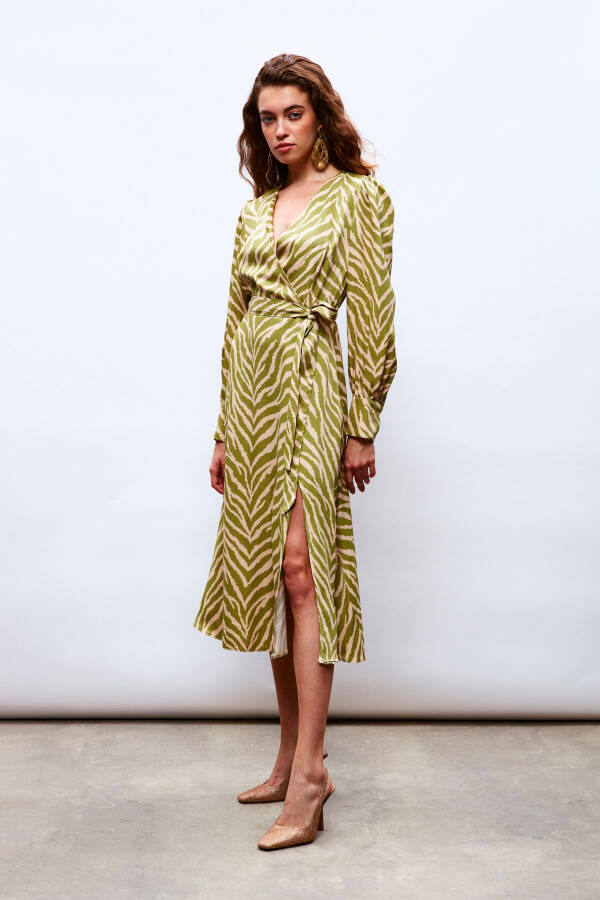 Zebra Print Sash Satin Dress - Olive Green - 3