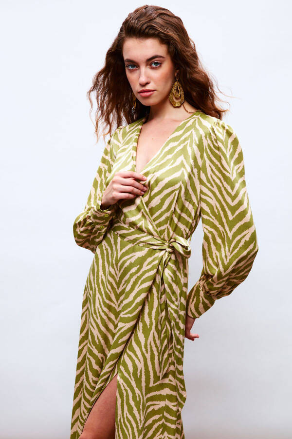 Zebra Print Sash Satin Dress - Olive Green - 4