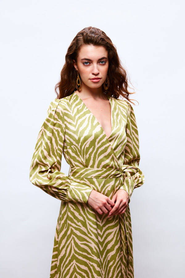 Zebra Print Sash Satin Dress - Olive Green - 5