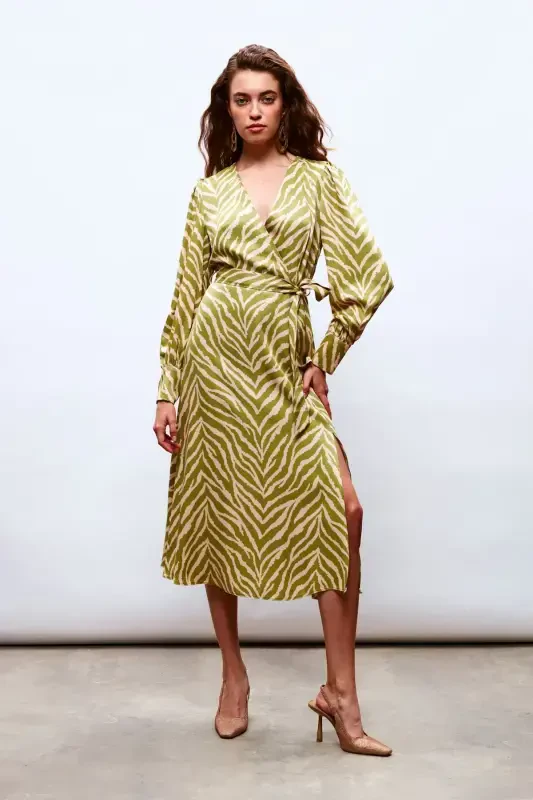 Zebra Print Sash Satin Dress - Olive Green - SATEEN