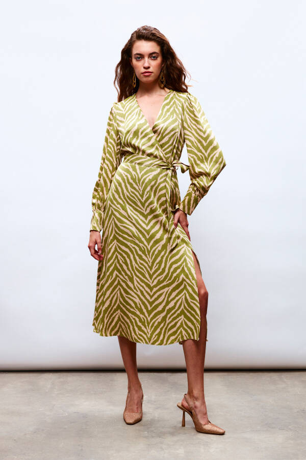 Zebra Print Sash Satin Dress - Olive Green - 9