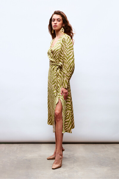 Zebra Print Sash Satin Dress - Olive Green - 10