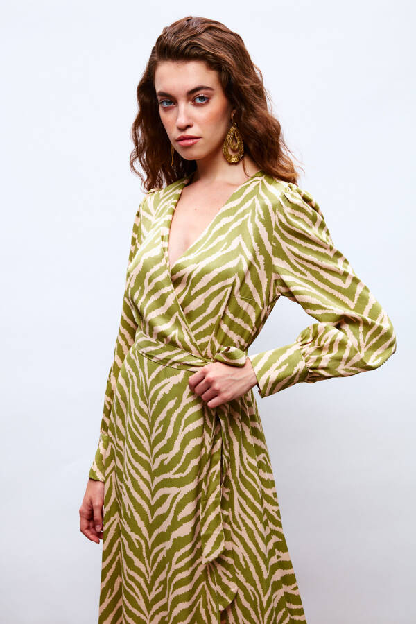 Zebra Print Sash Satin Dress - Olive Green - 14