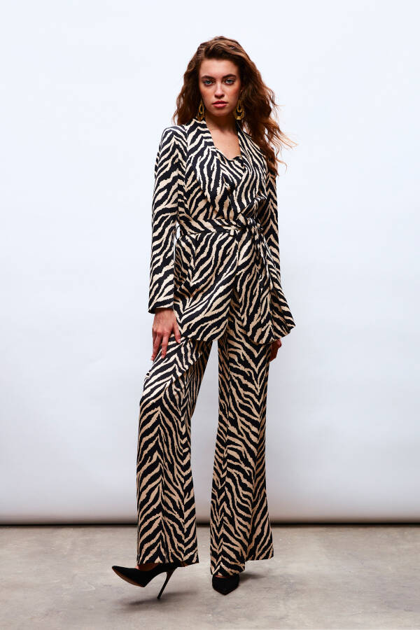 Zebra Print Satin Pants - BLACK - 11