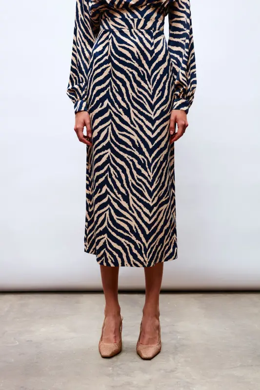 Zebra Print Satin Skirt - NAVY - 7