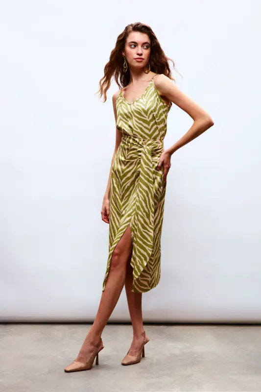 Zebra Print Satin Skirt - Olive Green - SATEEN