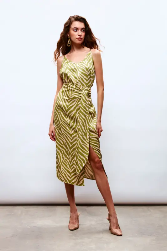 Zebra Print Satin Skirt - Olive Green - 3