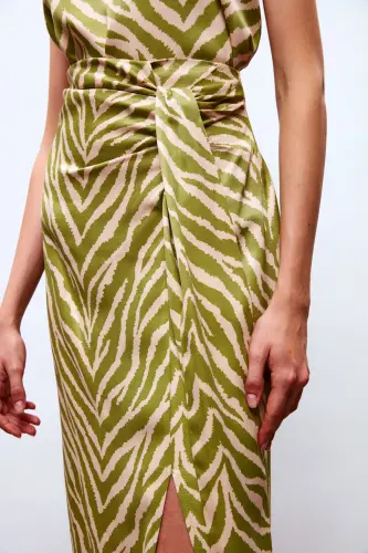 Zebra Print Satin Skirt - Olive Green - 5
