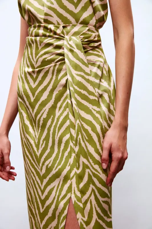 Zebra Print Satin Skirt - Olive Green - 5