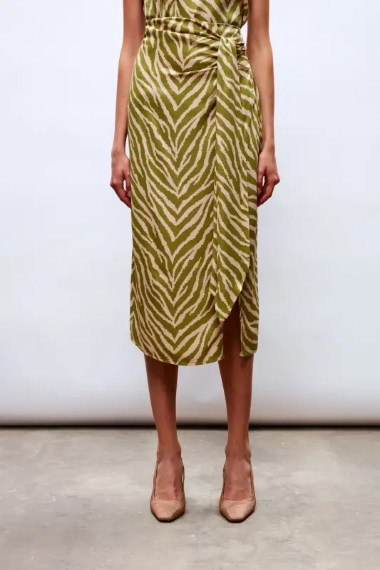 Zebra Print Satin Skirt - Olive Green - 6
