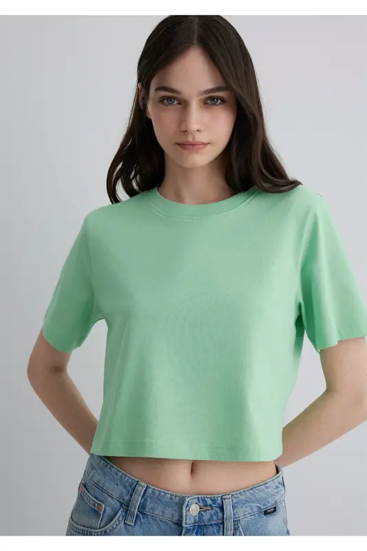 Зеленая Crop Basic Футболка Crop / Короткий Крой 1613072- - 2