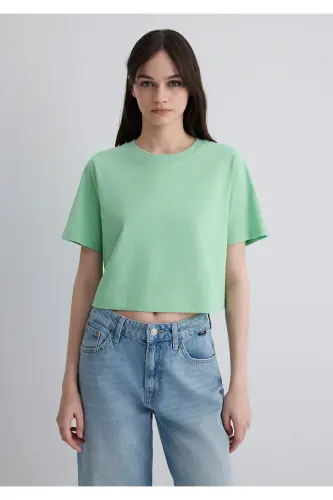 Зеленая Crop Basic Футболка Crop / Короткий Крой 1613072- - 4