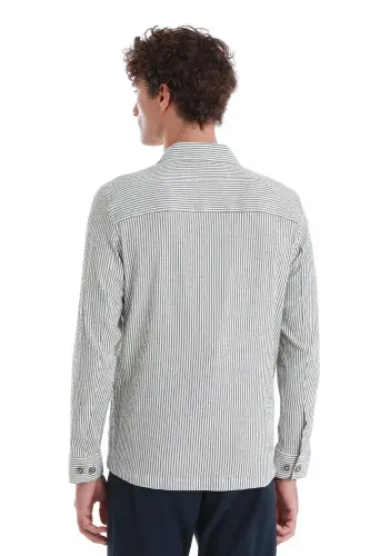 Зелёная классическая приталенная рубашка с длинными рукавами в полоску - 6