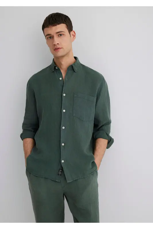 Зеленая Льняная Рубашка Regular Fit / Normal Kesim 0211 - 1