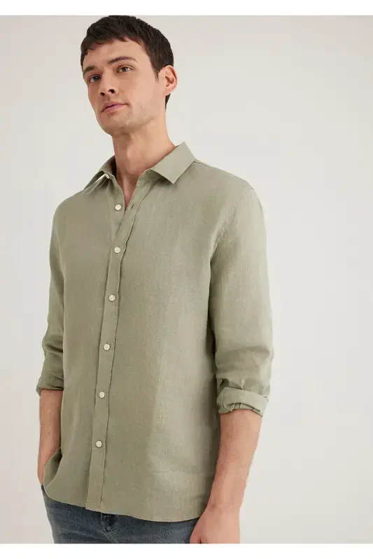 Зеленая Льняная Рубашка Slim Fit / Узкий Крой 0211466-71 - 3