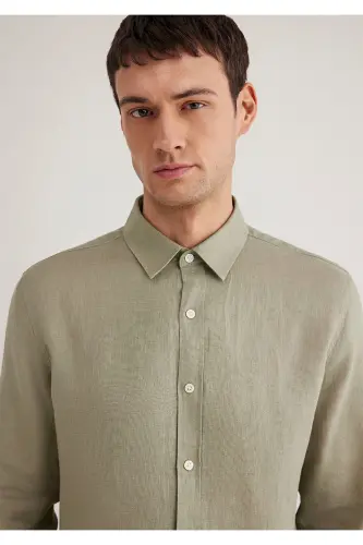Зеленая Льняная Рубашка Slim Fit / Узкий Крой 0211466-71 - 6