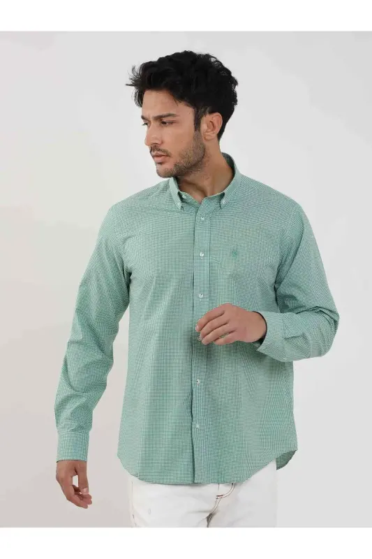 Зелёная Мужская Рубашка с Длинным Рукавом с Кнопками и Узором Pitikare Regular Fit - 98199 - 3