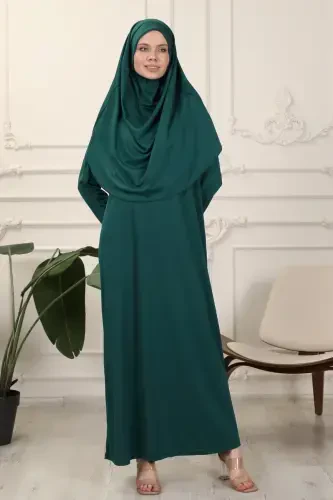 Зелёное изумрудное цельное удобное платье для намаза с самозавязывающимся хиджабом. - TRANSACOUSTIC (1)