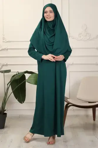 Зелёное изумрудное цельное удобное платье для намаза с самозавязывающимся хиджабом. - 7