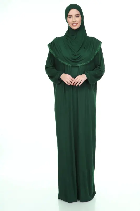Зеленое Однотонное Хлопковое Платье для Молитвы с Хиджабом-Зеленый - 1