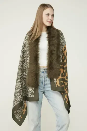 Зеленый патчворк с леопардовым принтом пончо NW13955-3 - 1
