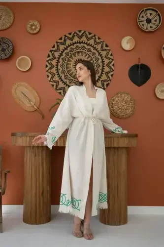 Зелёный Принт Деталь Льняной Кардиган - 2