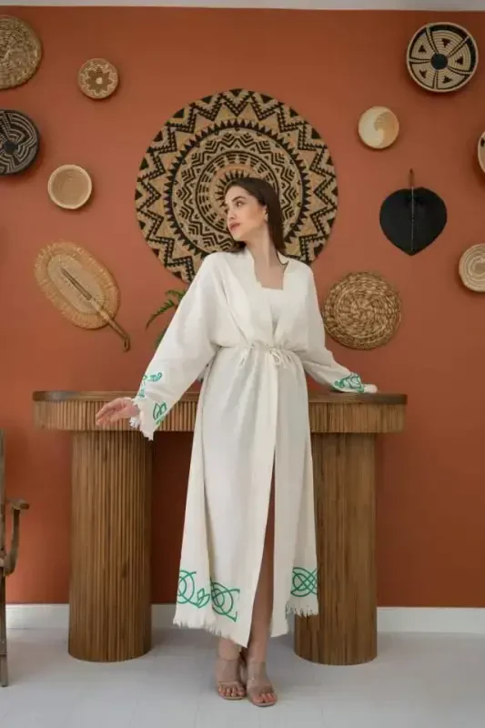 Зелёный Принт Деталь Льняной Кардиган - 2