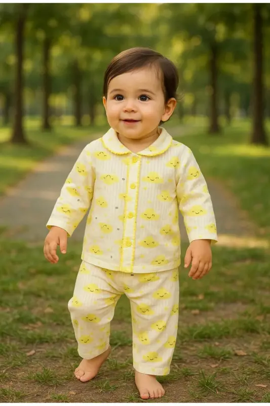 Жёлтый комплект для малышей с облачками и застежкой спереди - Жёлтый комплект с облачками - 1
