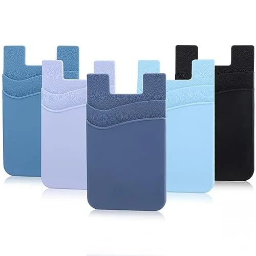 Zemexy Phone Wallet Stick on, 5Pack Phone Card Holder for Back of Phone Case, Silicone Sticky Credit Card Holder for Cell Phone Double Pocket Sticker All Smartphones—Navy,Sierra,Pastel,Blue,Black - Zemexy