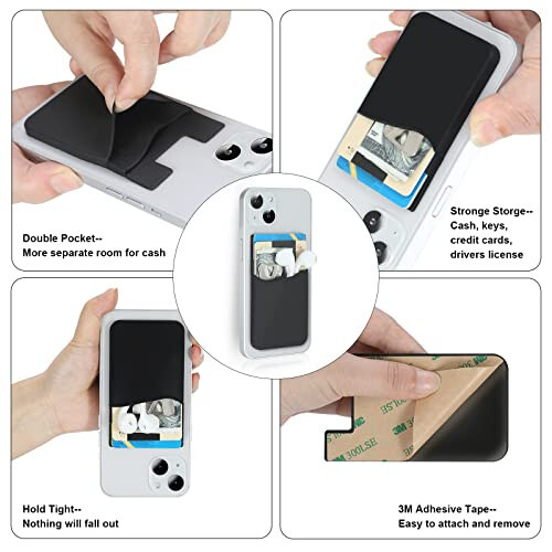 Zemexy Phone Wallet Stick on,5Pack Phone Card Holder for Back of Phone Case,Silicone Sticky Credit Card Holder for Cell Phone Double Pocket Sticker All Smartphones—Navy,Sierra,Pastel,Blue,Black - 4