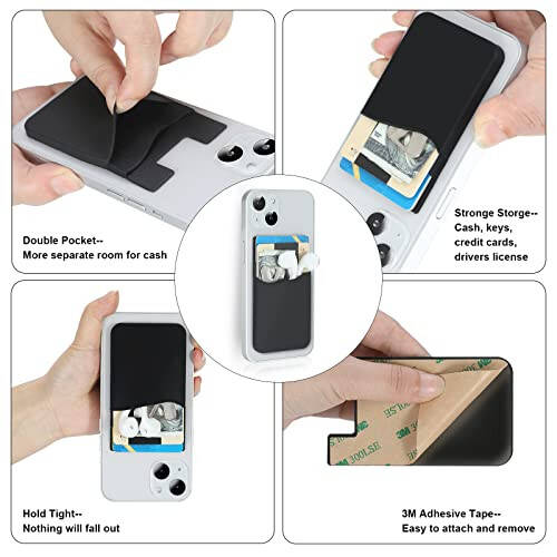 Zemexy Phone Wallet Stick on,5Pack Phone Card Holder for Back of Phone Case,Silicone Sticky Credit Card Holder for Cell Phone Double Pocket Sticker All Smartphones—Navy,Sierra,Pastel,Blue,Black - 4
