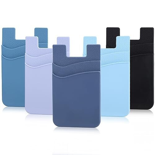 Zemexy Phone Wallet Stick on,5Pack Phone Card Holder for Back of Phone Case,Silicone Sticky Credit Card Holder for Cell Phone Double Pocket Sticker All Smartphones—Navy,Sierra,Pastel,Blue,Black - Zemexy