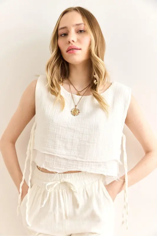 Женщина Белый Двойной Слой Грязный Шов Шнуровка Детали Муслин - 3