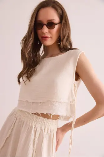 Женщина Экрю Двухслойный Грязный Шов Детали На Шнурках Мюсли - 1