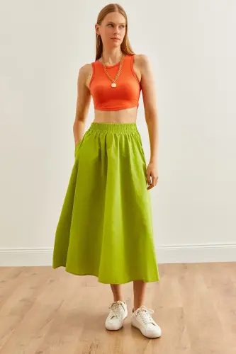 Женщина Фисташковый Зеленый Карманный Пояс Эластичный Миди Ткань 