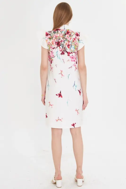 Женщина Фуксия V-образный вырез с оборками на рукавах и галстуком - 2