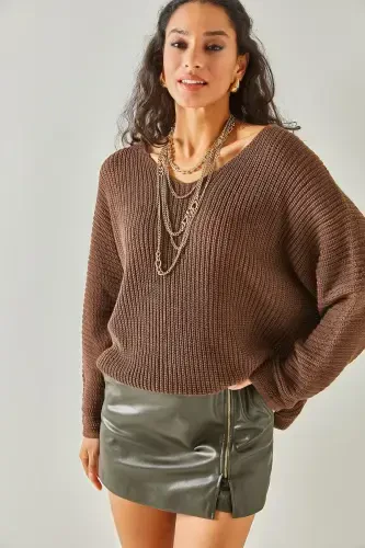 Женщина, кофе эспрессо, V-образный вырез, фессалоникийская вязка, трикотажный туник оверсайз TNK-19000081-горький кофе - 1