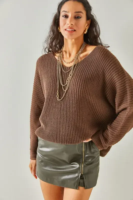 Женщина, кофе эспрессо, V-образный вырез, фессалоникийская вязка, трикотажный туник оверсайз TNK-19000081-горький кофе - OLALOOK