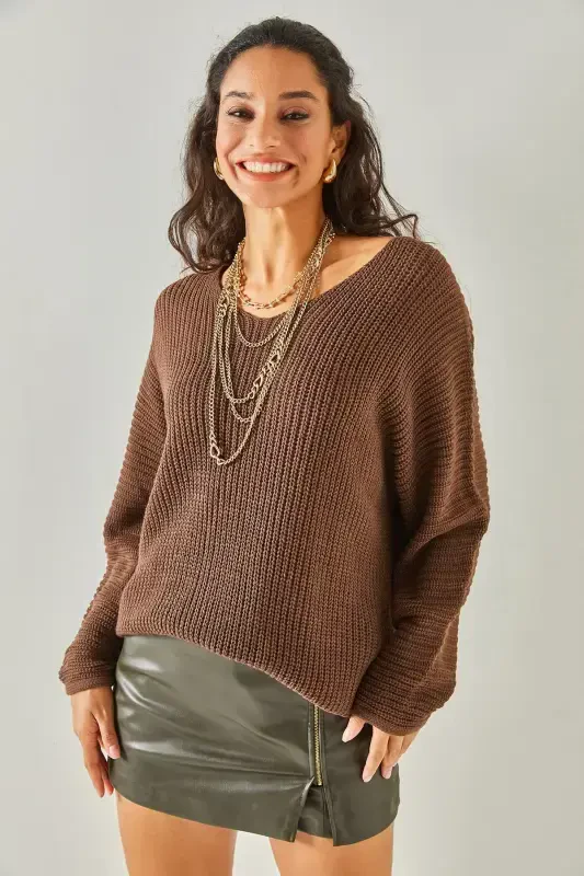 Женщина, кофе эспрессо, V-образный вырез, фессалоникийская вязка, трикотажный туник оверсайз TNK-19000081-горький кофе - 2