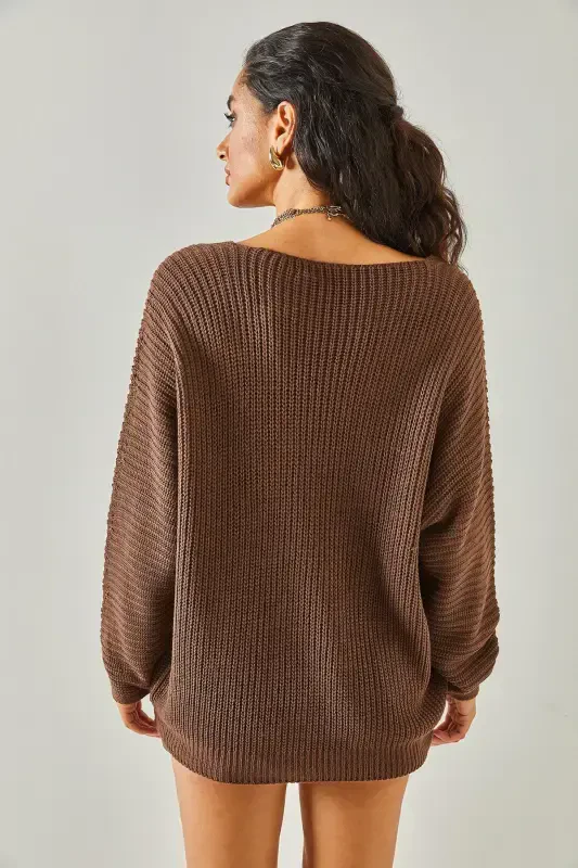 Женщина, кофе эспрессо, V-образный вырез, фессалоникийская вязка, трикотажный туник оверсайз TNK-19000081-горький кофе - 5