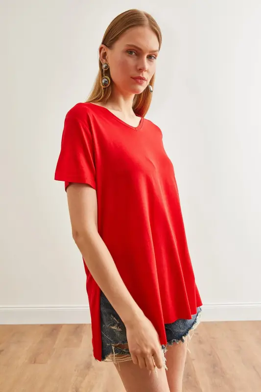 Женщина Красный V-образный вырез с разрезом сбоку Свободный - 9
