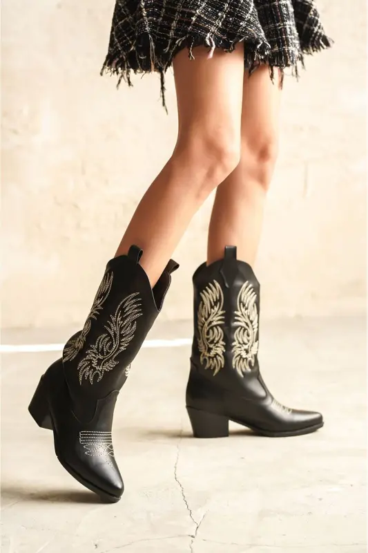 Женщина Мелони Ковбойские Сапоги - черные-кожа-черный - GOFFSHOES