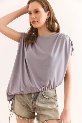 Женщина Серая Асимметричная Драпированная Вязаная Вискоза с Деталями Сборки 