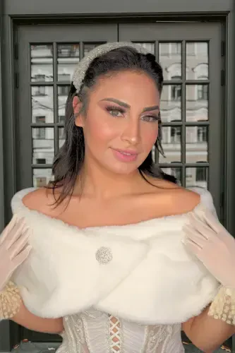 Женщина Сломанный Белый Короткий Брошь Меховой ЭТОЛЬ Свадебный Болеро Накидка на плечи Вечерняя шаль-Сломанный Белый - 4