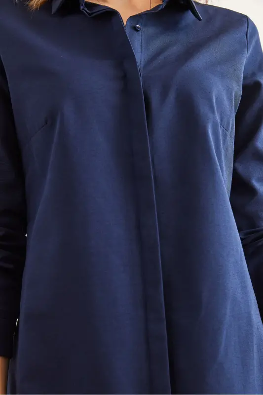 Женщина Темно-синий Скрытый Патли Ткань Мини Рубашка Платье - 5