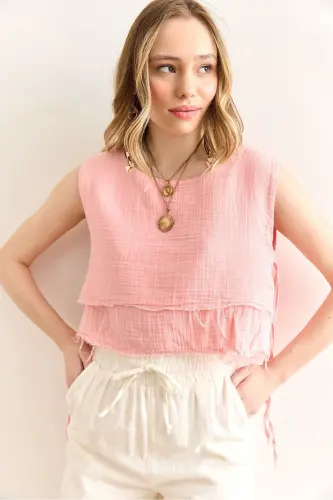 Женщины Розовый Двойной Слой Грязный Шов Шнуровка Детали Муслин - 2