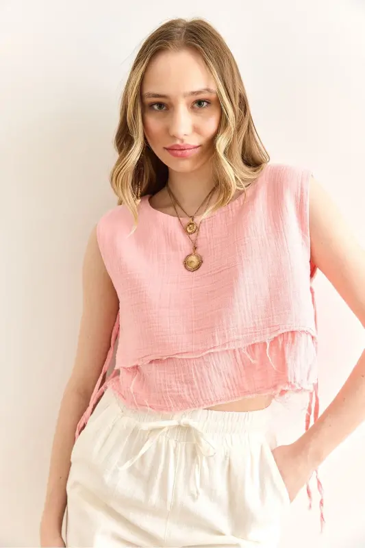 Женщины Розовый Двойной Слой Грязный Шов Шнуровка Детали Муслин - 3