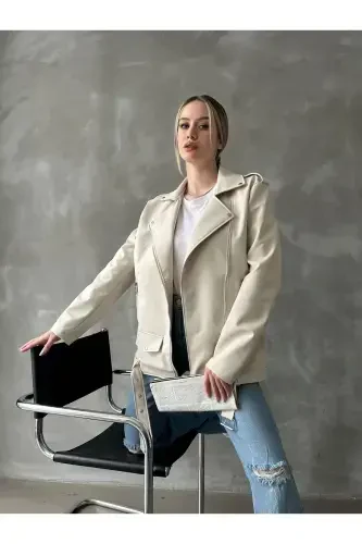 Женская байкерская куртка oversize из искусственной кожи - кремовая - MEECY (1)